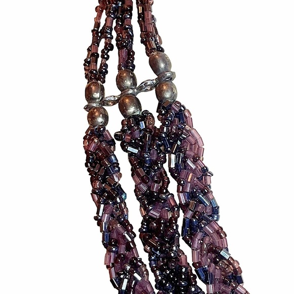 Vintage Three Tiered Braided Purple Glass & Onyx Beaded Statement Necklace - Picture 4 of 8